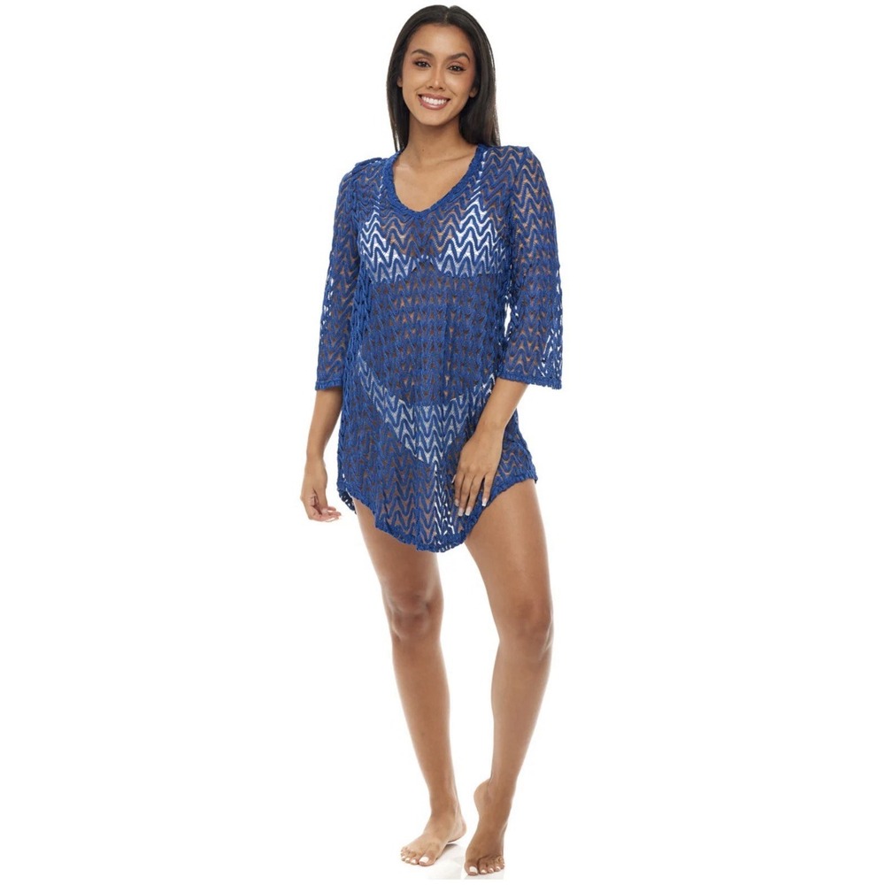 JORDAN TAYLOR WOMEN'S BLUE V NECK BEACHWEAR Bell Sleeve Boho TUNIC COVERUP M